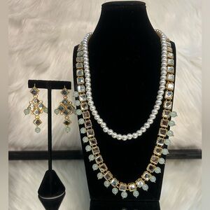 New Mint Gold Kundan Pearls Necklace With Earrings